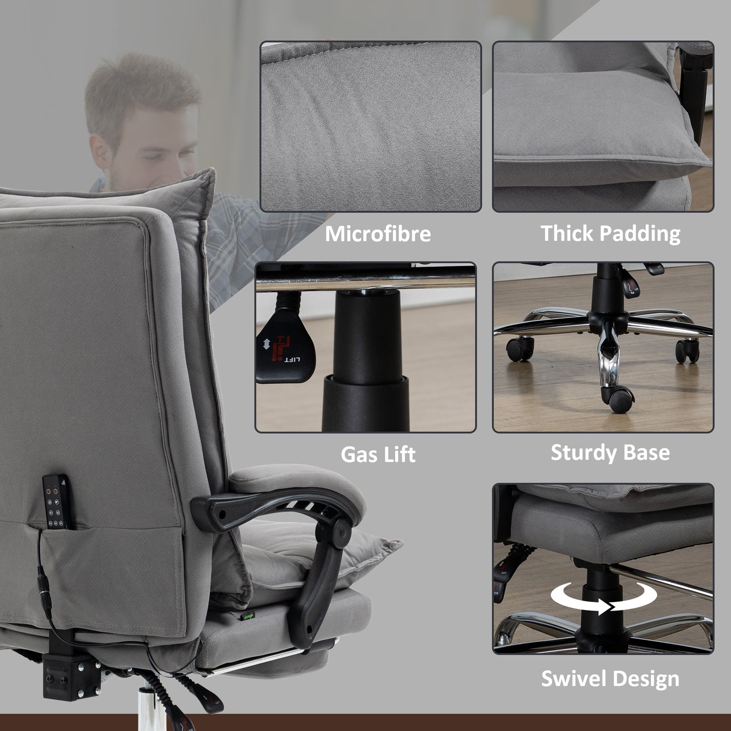 Vibration Massage Office Chair with Heat, Microfibre Computer Chair with Footrest, Armrest, Double Padding, Reclining Back, Grey