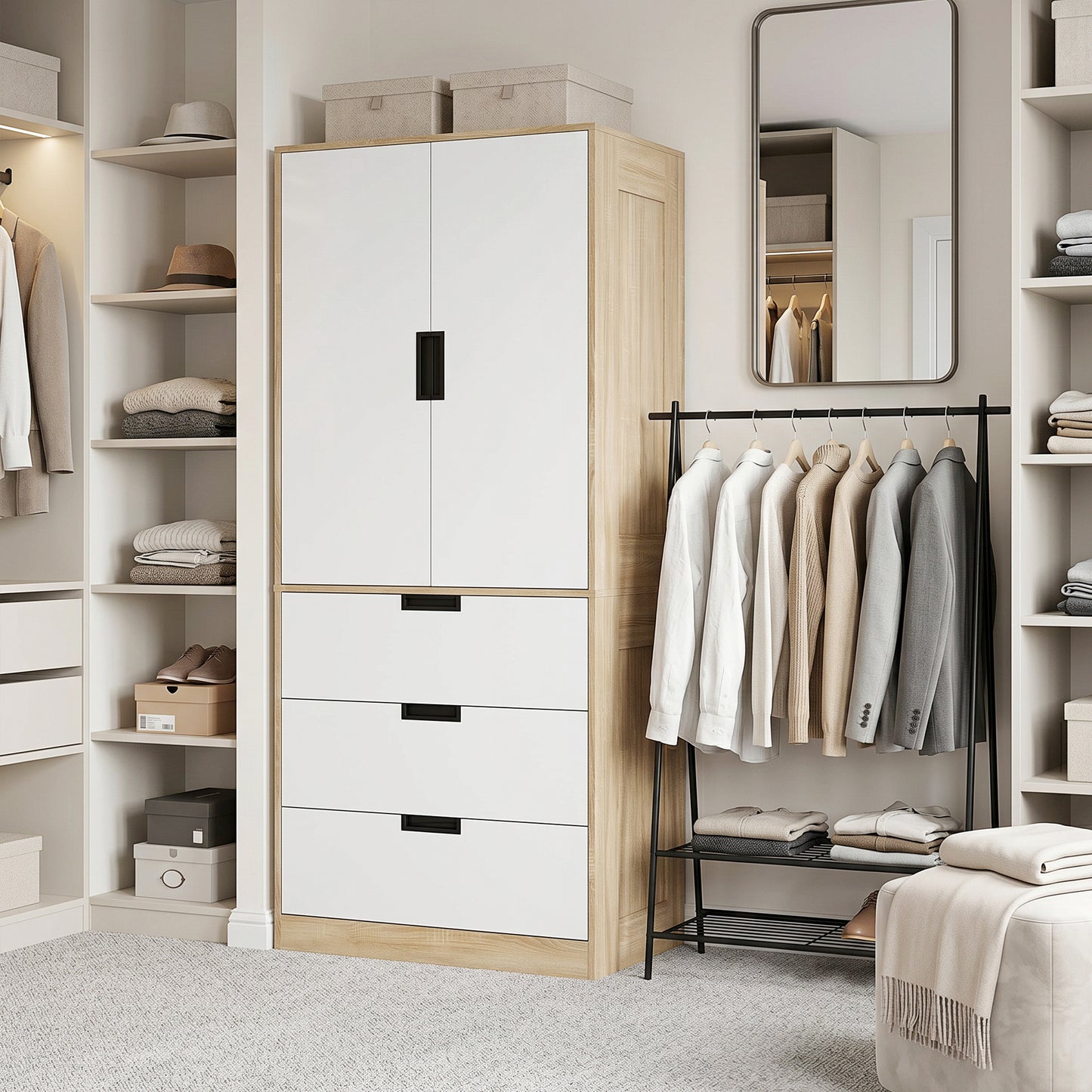 2 Door Wardrobe with 3 Drawers & Hanging Rail, Modern Clothes Storage Cupboard Unit, Bedroom Wardrobe with Soft Closing Hinge, 50D x 80W x 180Hcm, Oak