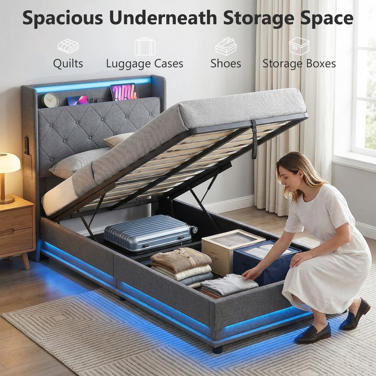 Lift up Storage Bed Frame with RGB LED Lights, 90 x 190cm, Dark Grey