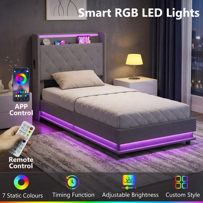 Lift up Storage Bed Frame with RGB LED Lights, 90 x 190cm, Dark Grey