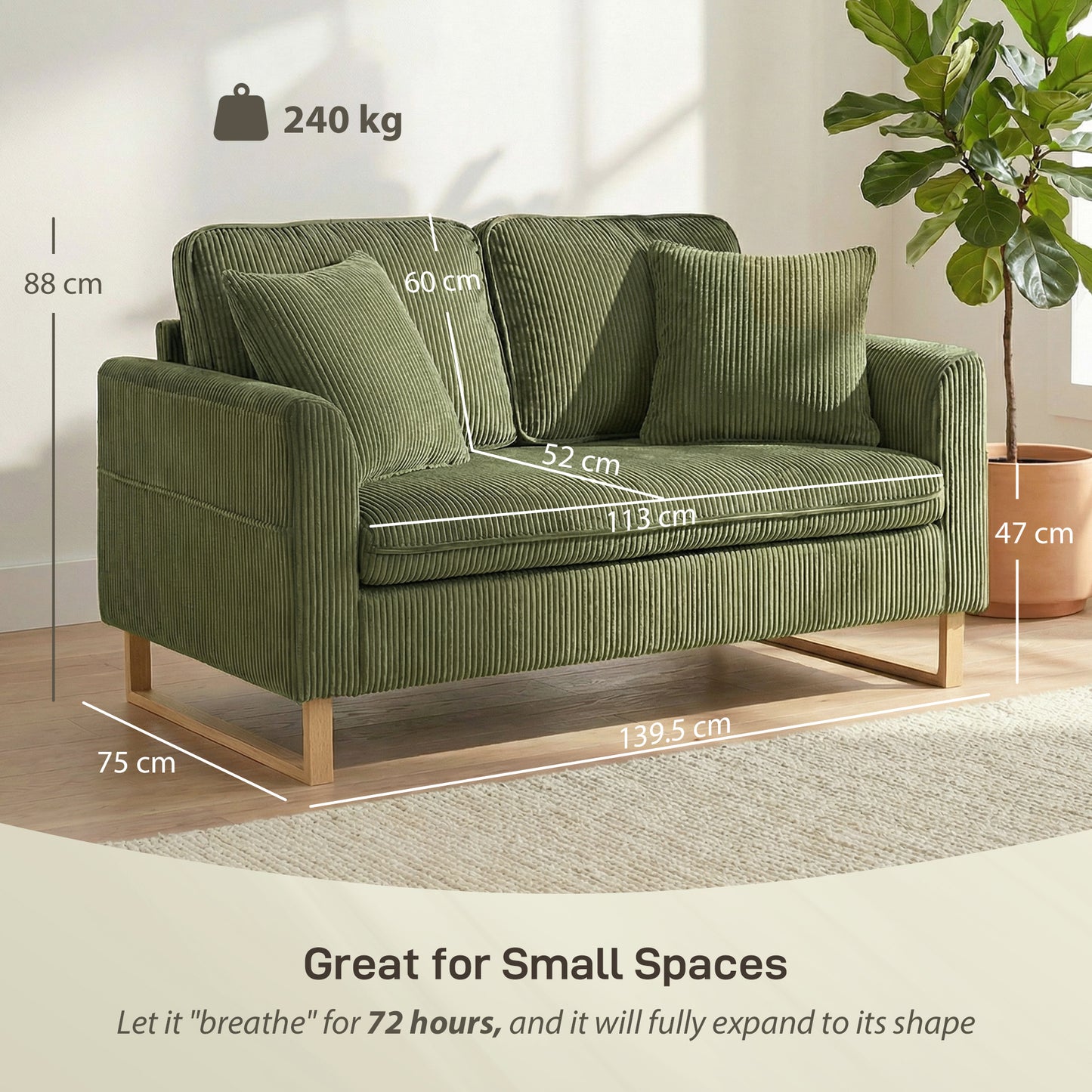 2 Seater Sofa, Corduroy Sofa w/ Spring Cushions 2 Pillows, Dark Green