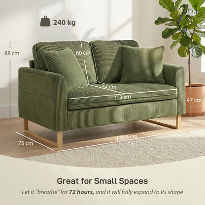 2 Seater Sofa, Corduroy Sofa w/ Spring Cushions 2 Pillows, Dark Green