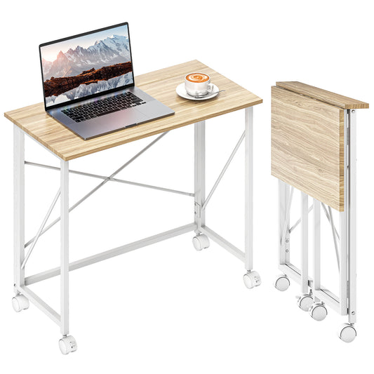 Folding Desk on Wheels, Writing Table for Home Office, Natural