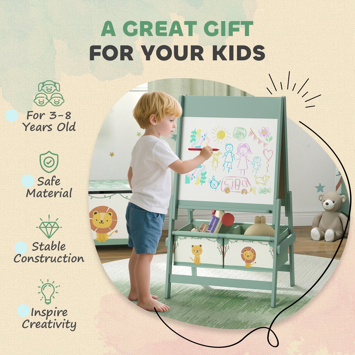 3-in-1 Kids Easel, Double-Sided Art Easel with Paper Roll, Green