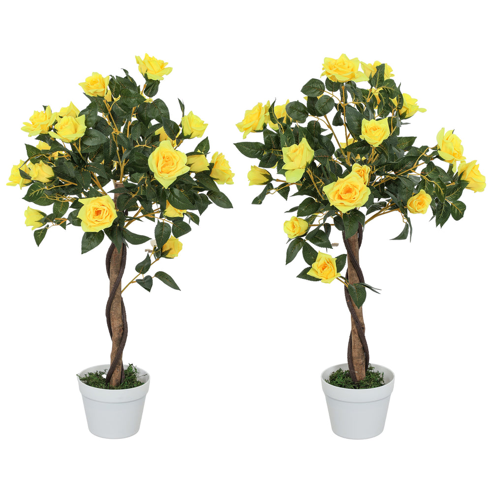 Set of 2 90cm Artificial Rose Tree, Fake Decorative Plant, Yellow