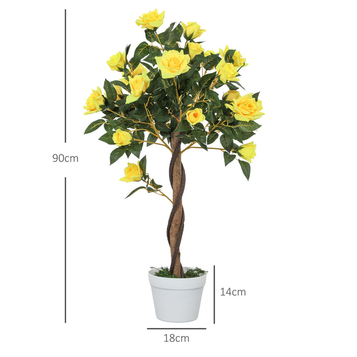 Set of 2 90cm Artificial Rose Tree, Fake Decorative Plant, Yellow