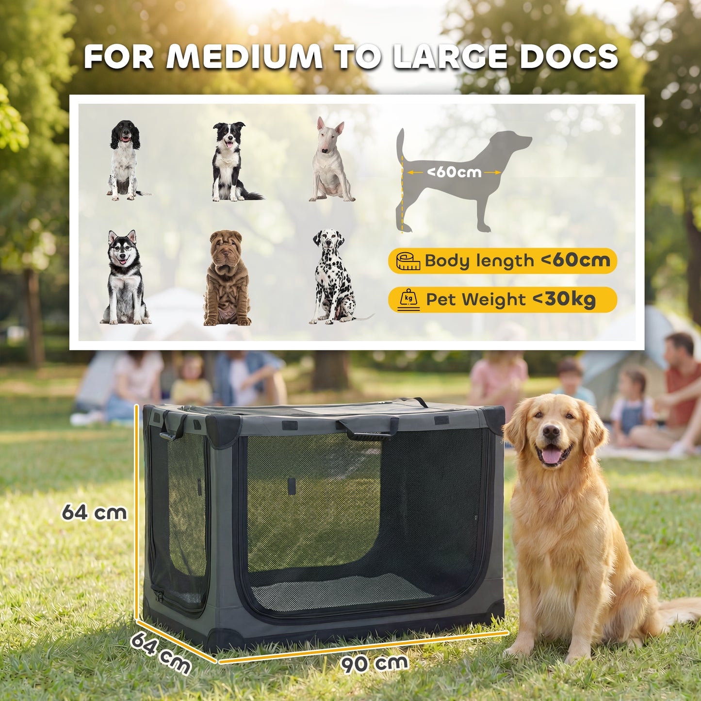 Collapsible Dog Crate Portable Pet Travel Carrier 90 x 64 x 64 cm