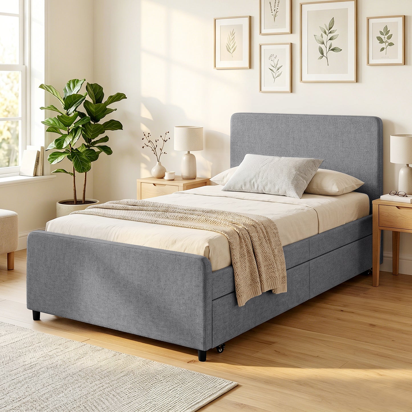 3ft Single Bed Frame with Trundle, Upholstered Pull Out Trundle Bed with Headboard and Footboard for Adults & Teenagers, 90 x 190 cm, No Mattress, Dark Grey