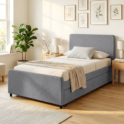 3ft Single Bed Frame with Trundle, Upholstered Pull Out Trundle Bed with Headboard and Footboard for Adults & Teenagers, 90 x 190 cm, No Mattress, Dark Grey