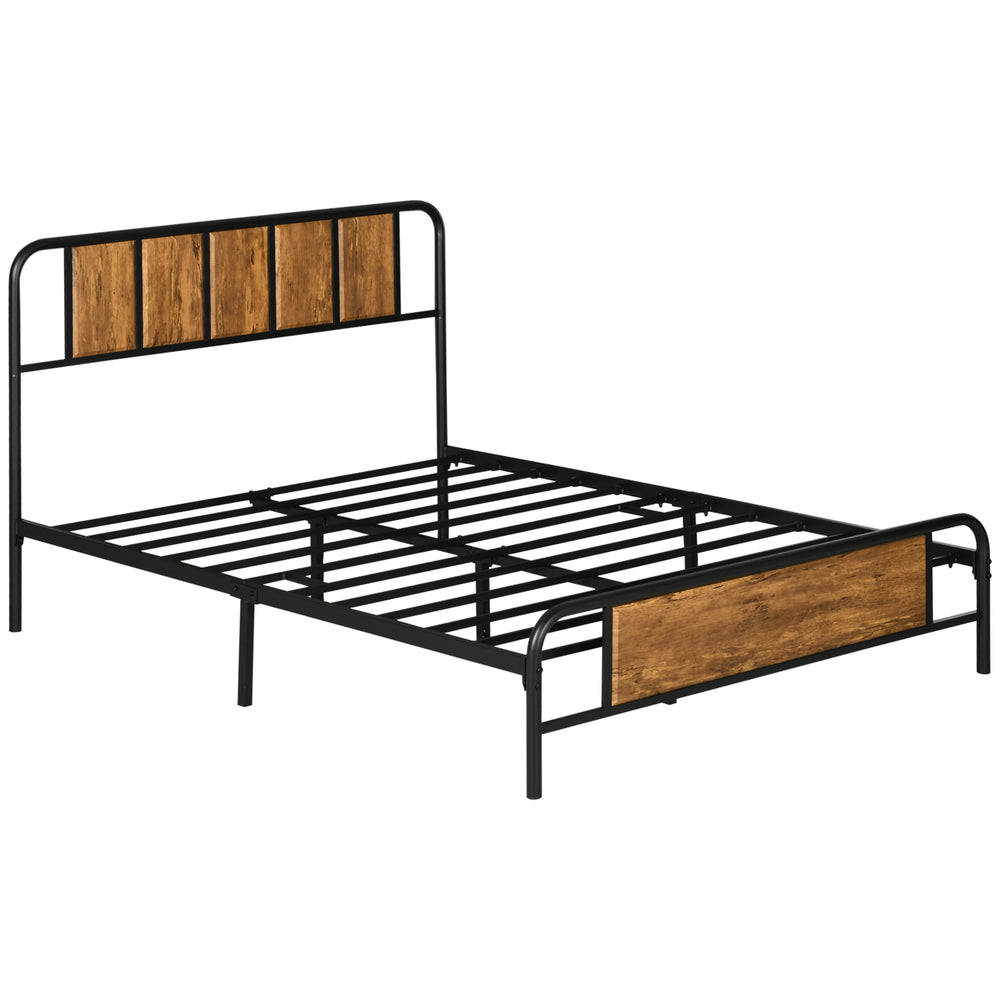 25.5cm Double Bed Frame, Industrial Bed Base with Headboard, Footboard, Steel Slat Support and Under Bed Storage, 145 x 199cm, Rustic Brown