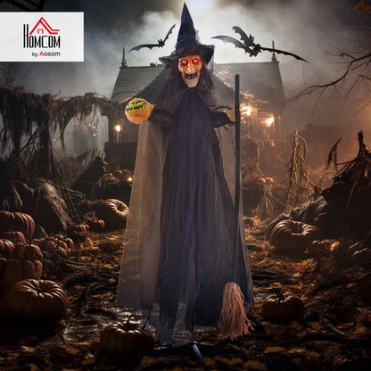 Halloween Witch with Broomstick Animatronic Prop with Light Up Eyes