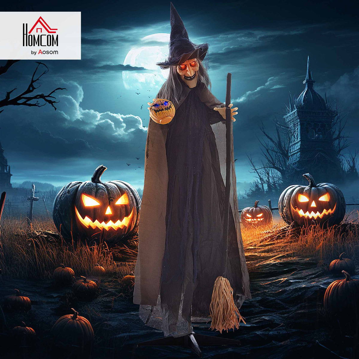 Halloween Witch with Broomstick Animatronic Prop with Light Up Eyes