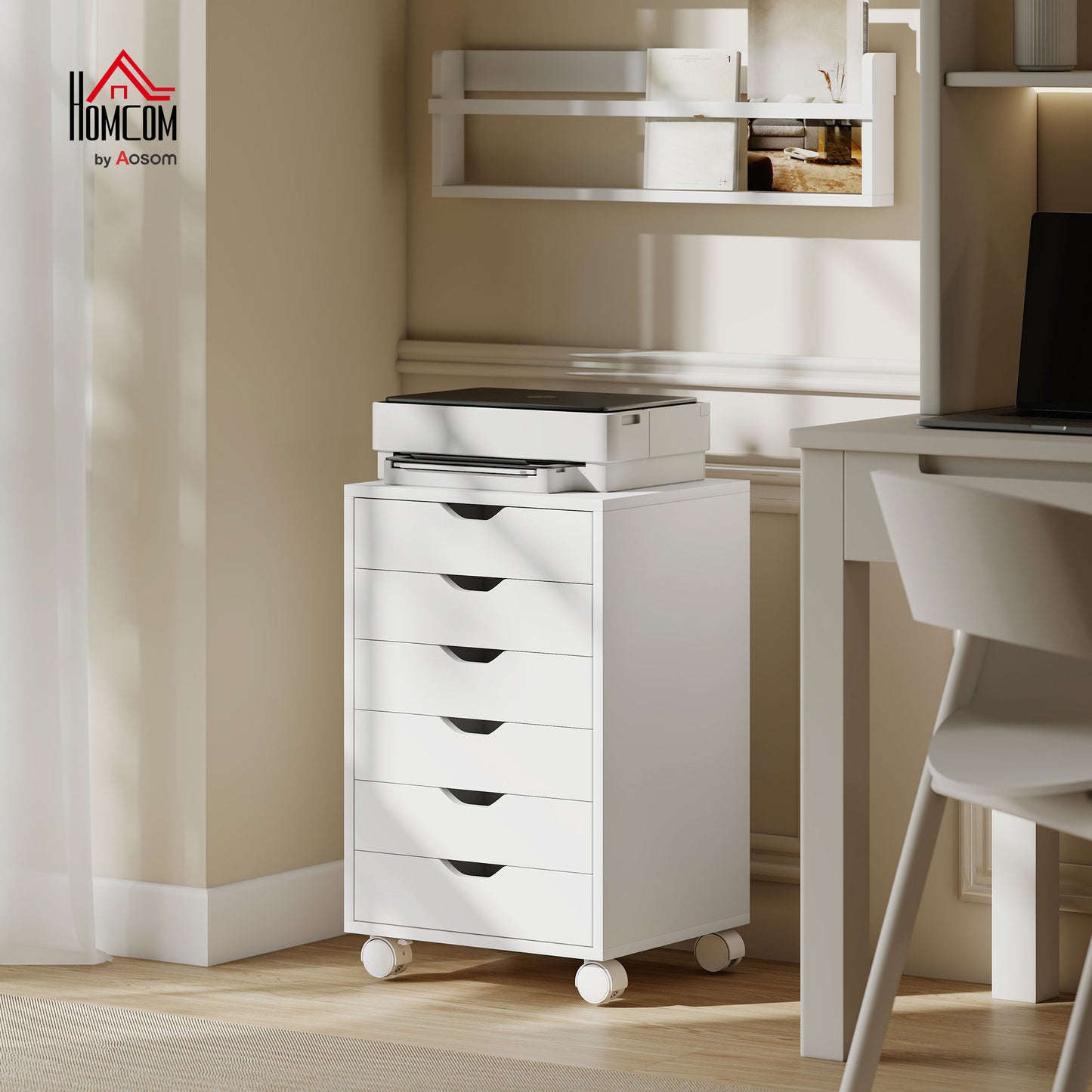 6 Drawer Vertical File Cabinet with Quiet Drawers and Wheels, White