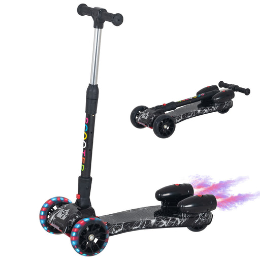 Kids 3 Wheel Scooter Adjustable Height w/ Flashing Wheels Music Water Spray Foldable Design Cool On Off Road Vehicle Black