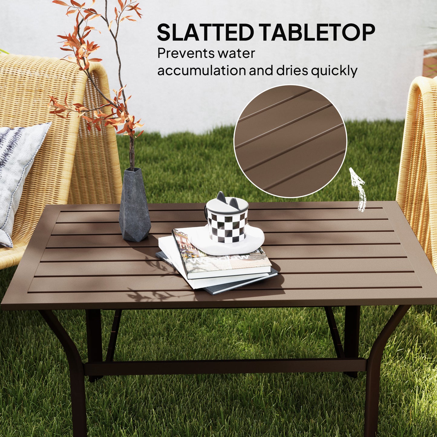 Metal Garden Coffee Table with Slatted Tabletop, Brown