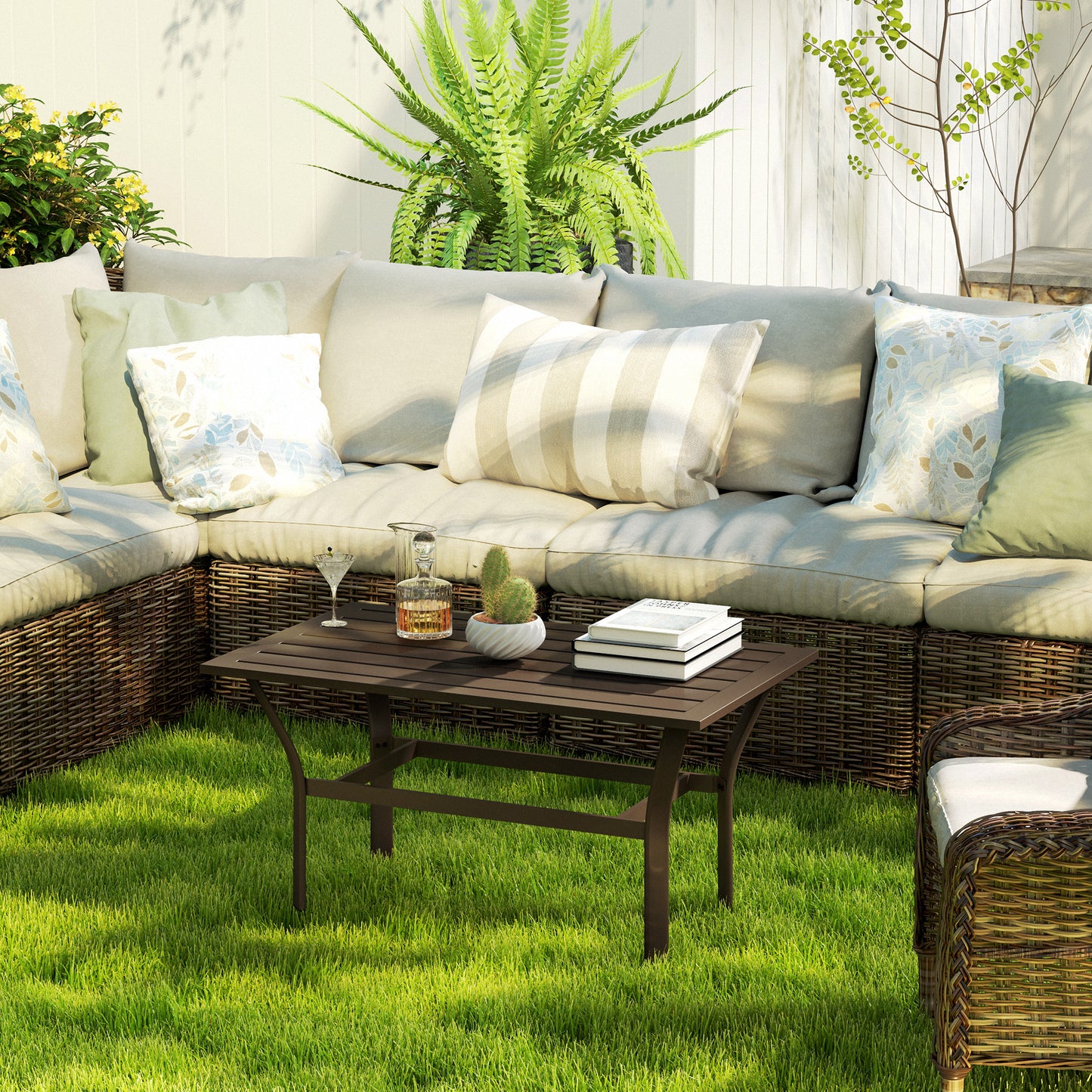 Metal Garden Coffee Table with Slatted Tabletop, Brown