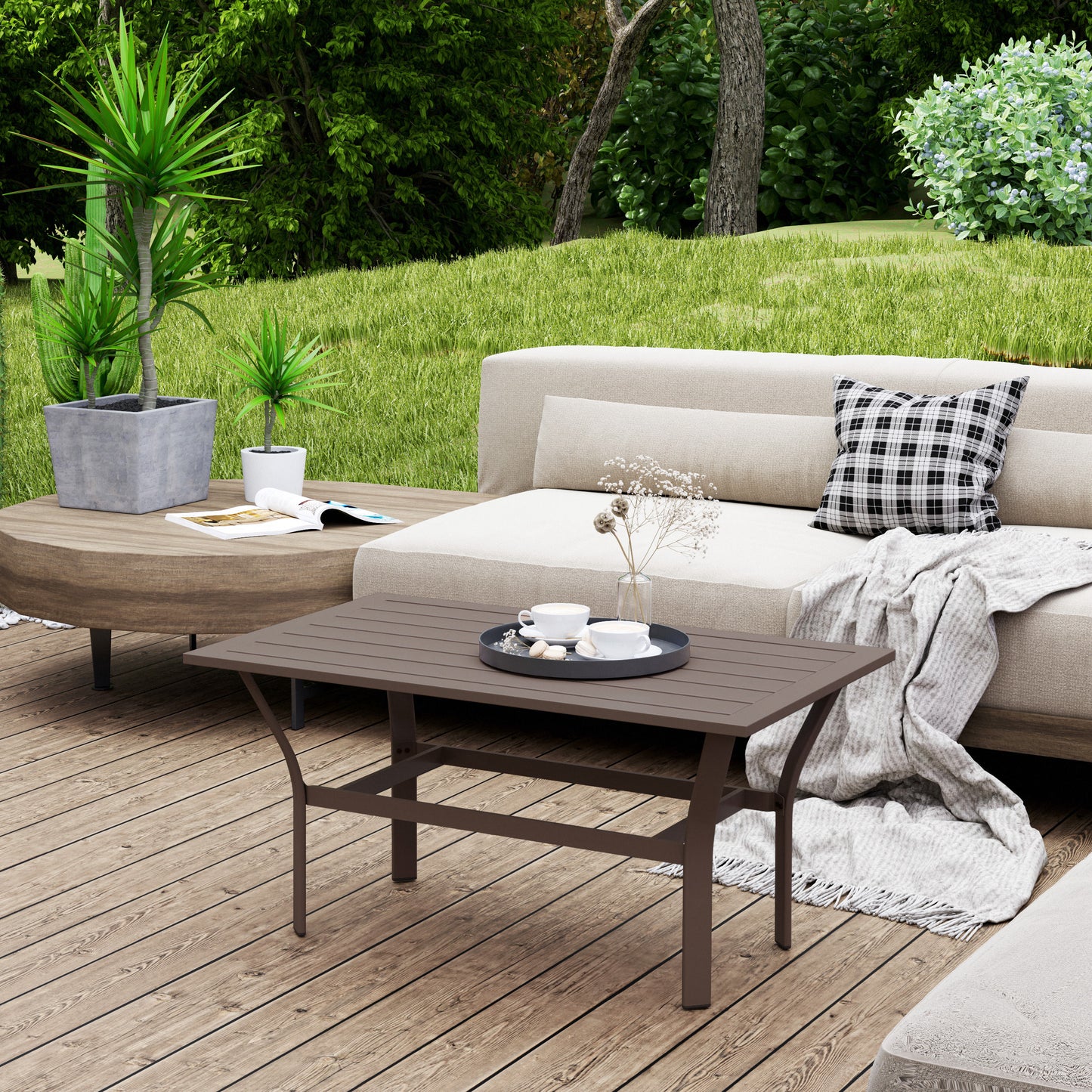 Metal Garden Coffee Table with Slatted Tabletop, Brown
