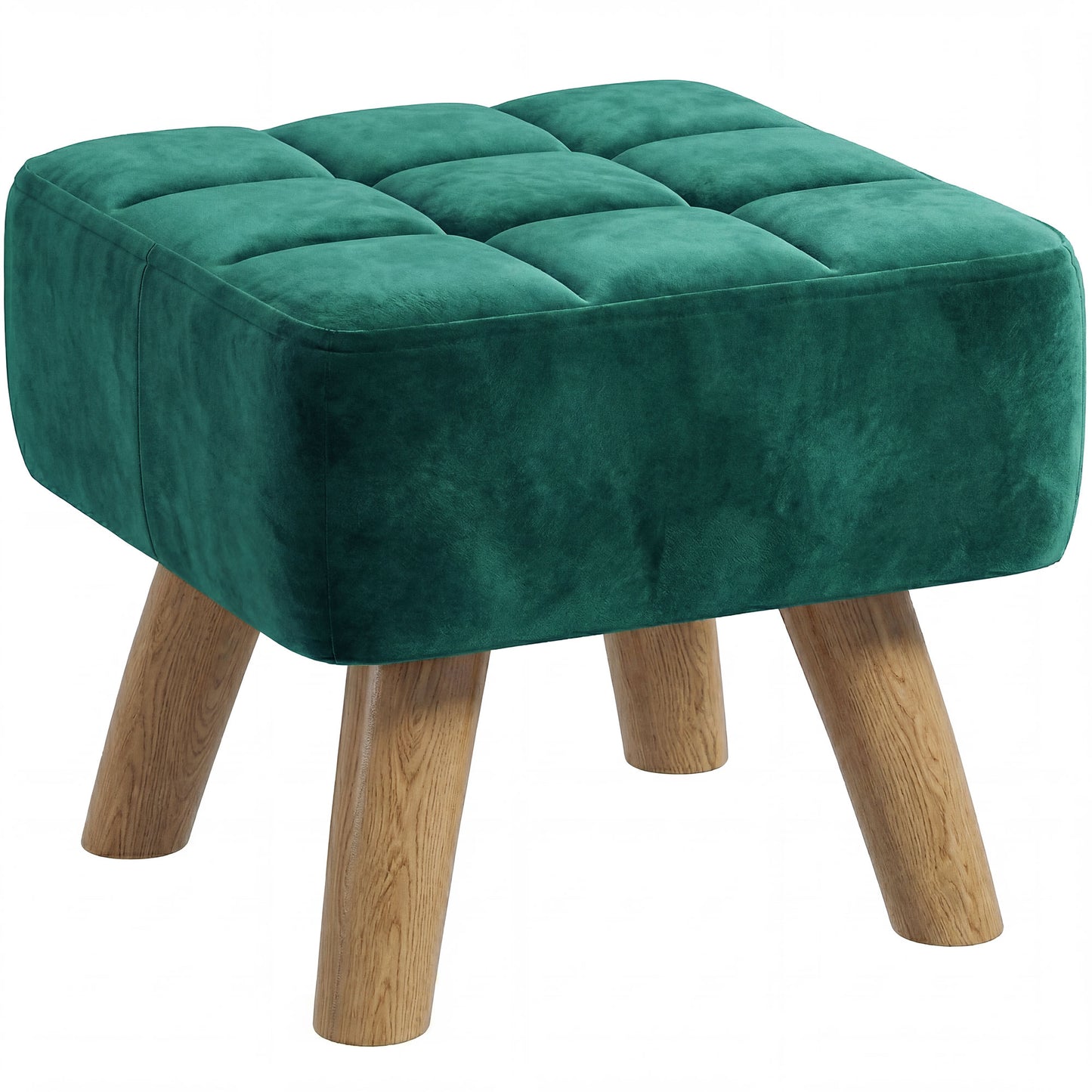 Modern Footstool, Fabric Foot Rest with Rubber Wood Legs, Dark Green