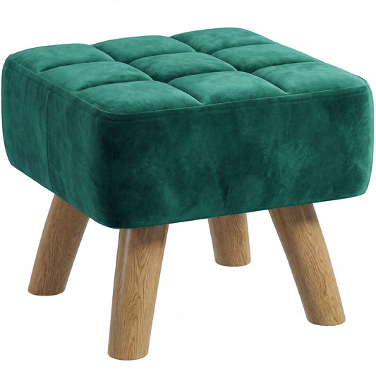 Modern Footstool, Fabric Foot Rest with Rubber Wood Legs, Dark Green