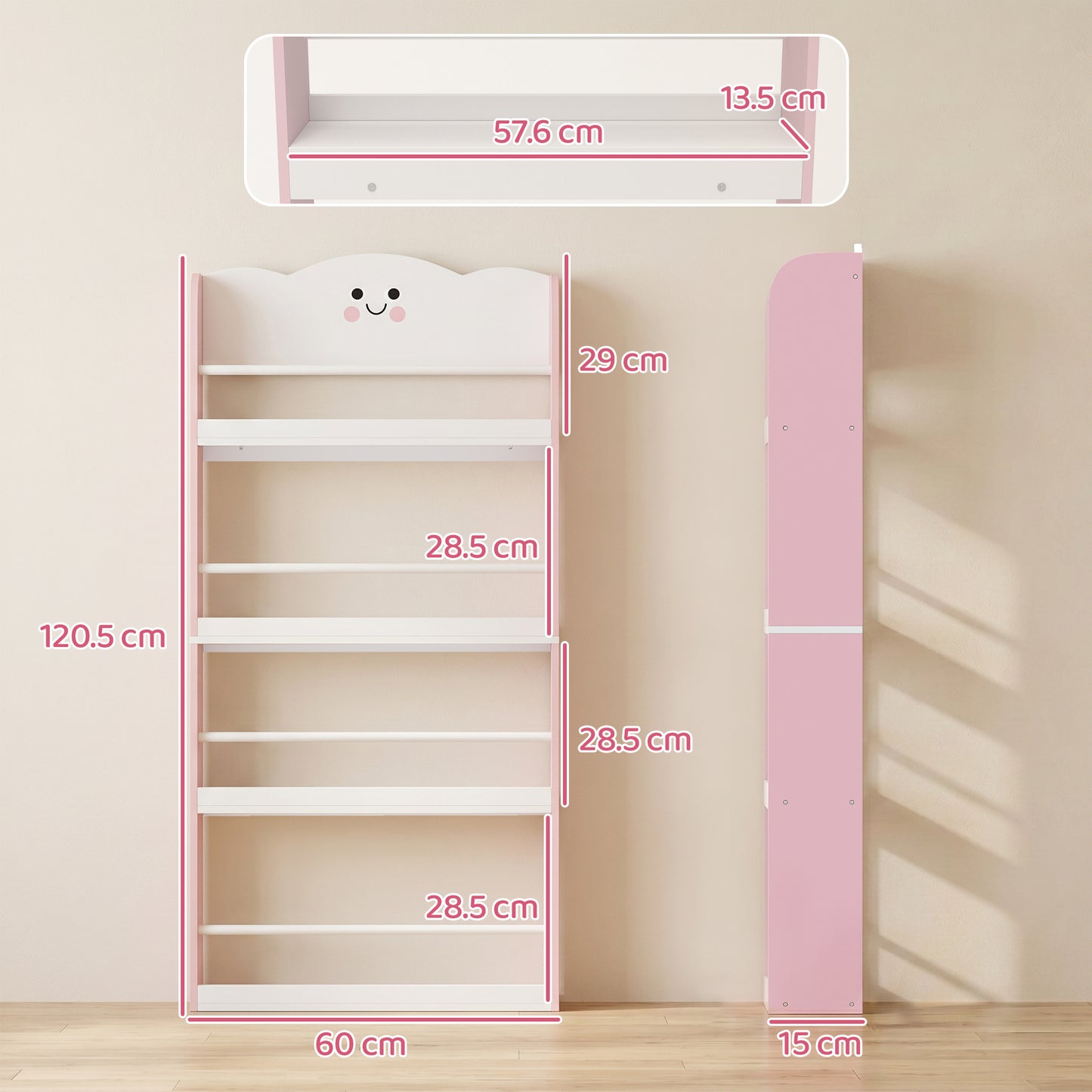 4 Tier Kids Bookshelf, Wall-Mounted Children Bookcase, Cotton Candy Theme Toddler Space-Saving Bookcase for Living Room, Kids Room, Playroom, Pink
