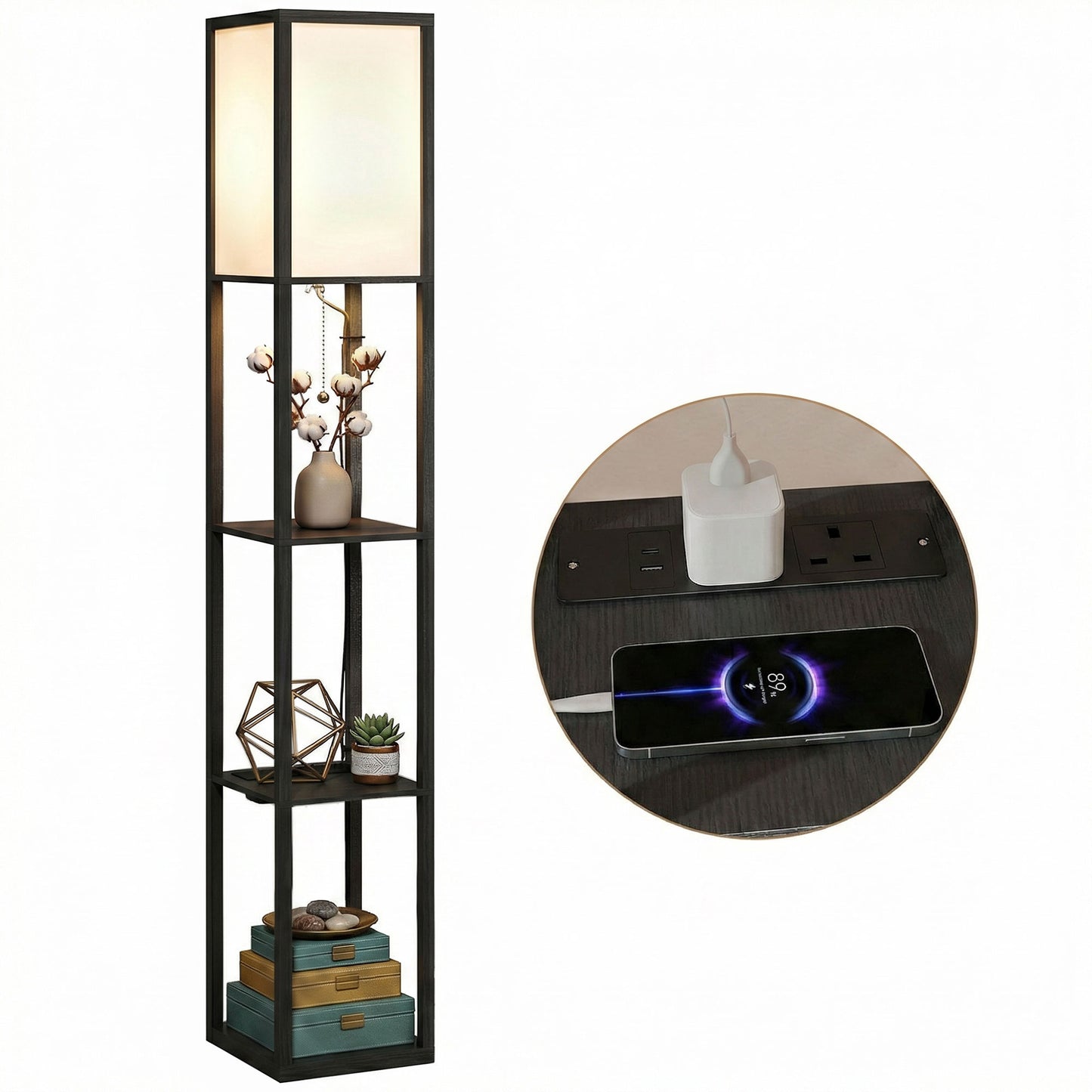 3-Tier Floor Lamp with Shelves and Storage, Modern Corner Standing Lamp with Lampshade, Reading Light with Foot Switch for Living Room, Bedroom, Home Office, LED Bulb Included, Black