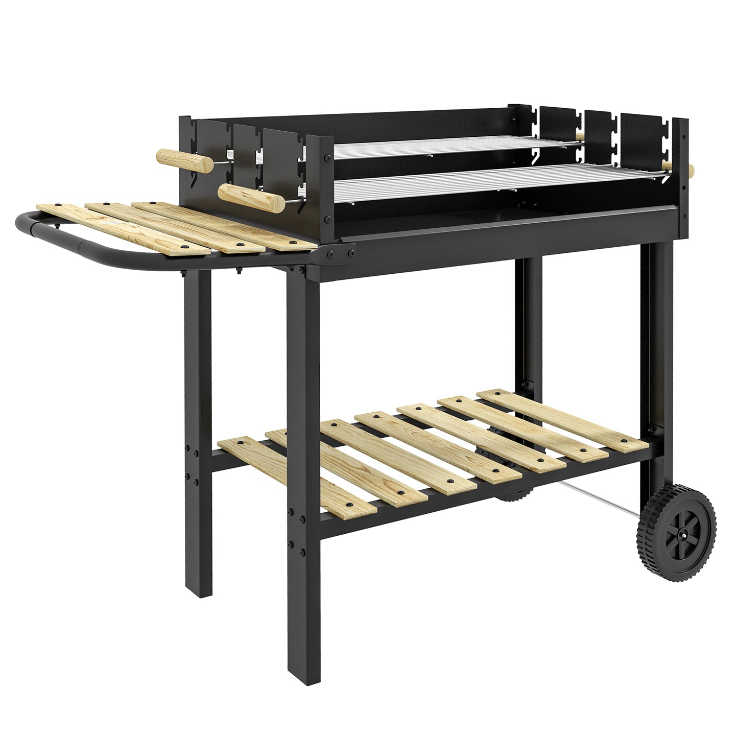 Charcoal BBQ Grill Barbecue with Side Table, Storage Shelf, Wheels