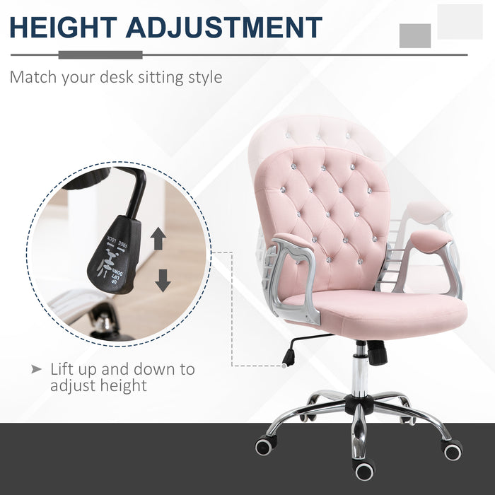 Office Chair Ergonomic 360¬¨‚àû Swivel Diamond Tufted Home Work Velour Padded Base 5 Castor Wheels Pink