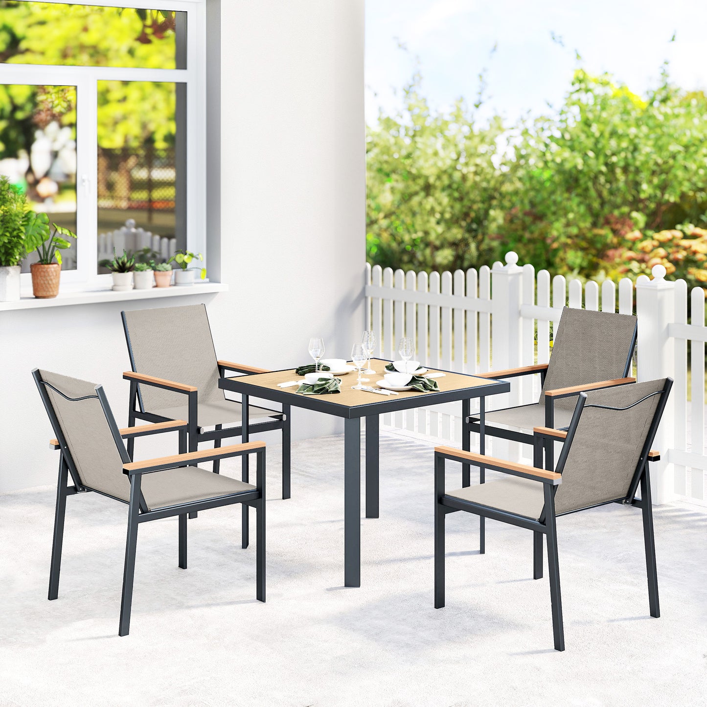 5 Piece Garden Dining Set, Outdoor Table and 4 Chairs, Khaki