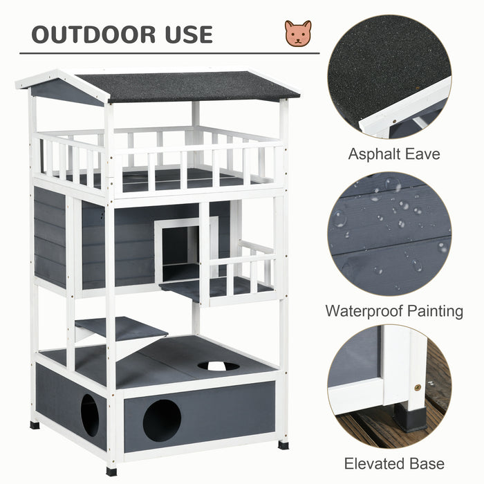 Wooden Outdoor Cat House 3-Tier Kitten Shelter w/ Tilted Roof Grey