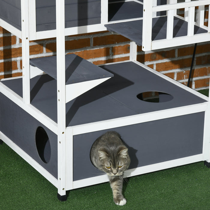 Wooden Outdoor Cat House 3-Tier Kitten Shelter w/ Tilted Roof Grey