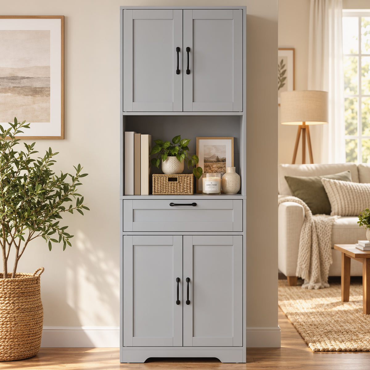 Tall Kitchen Pantry Cabinet with Drawer and Appliance Counter - Grey