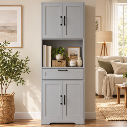 Tall Kitchen Pantry Cabinet with Drawer and Appliance Counter - Grey