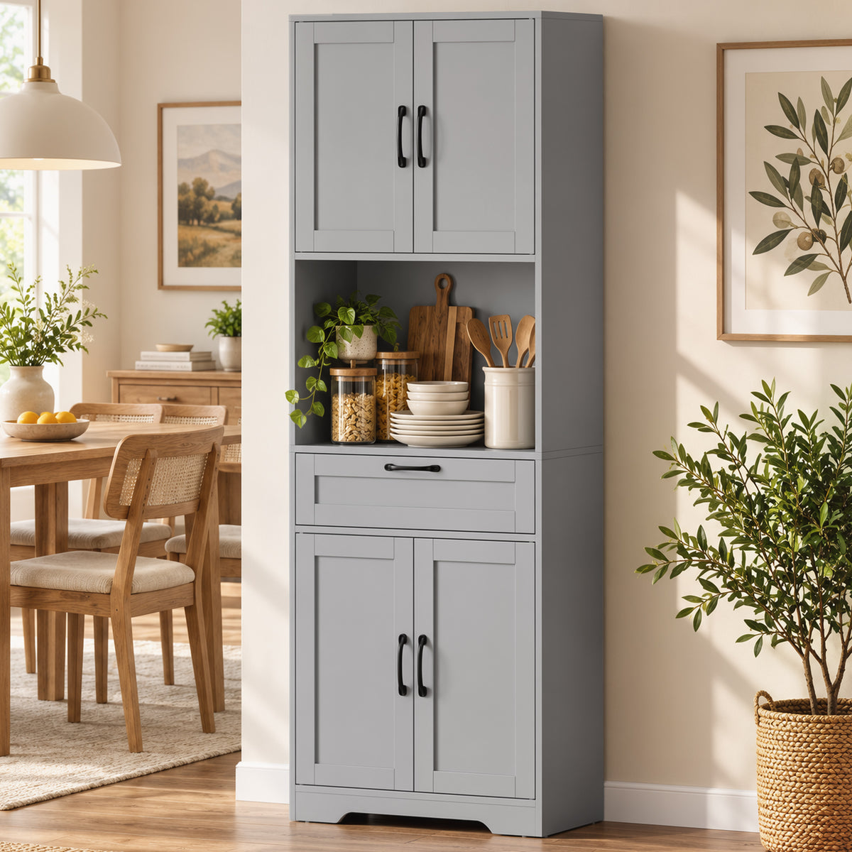 Tall Kitchen Pantry Cabinet with Drawer and Appliance Counter - Grey