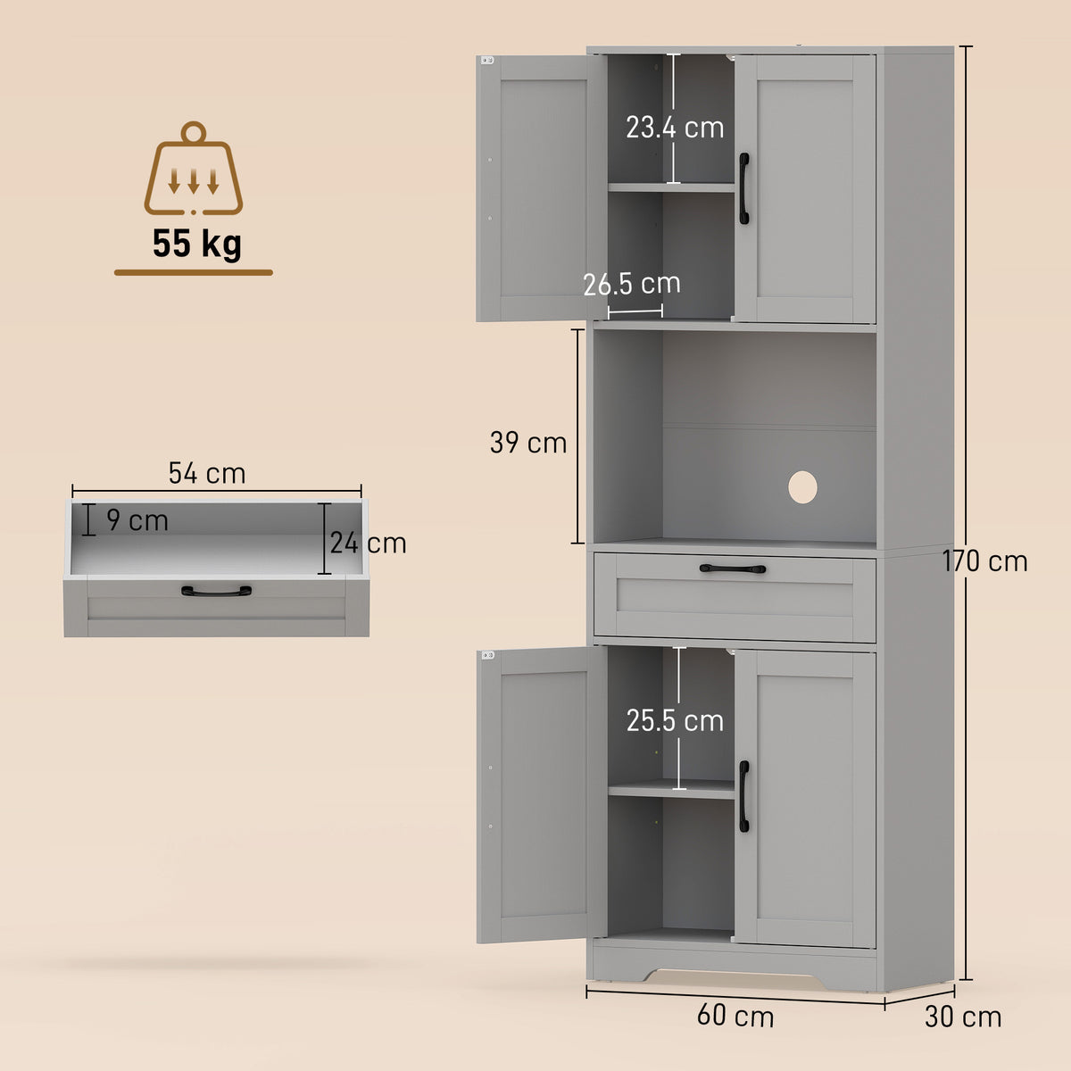 Tall Kitchen Pantry Cabinet with Drawer and Appliance Counter - Grey