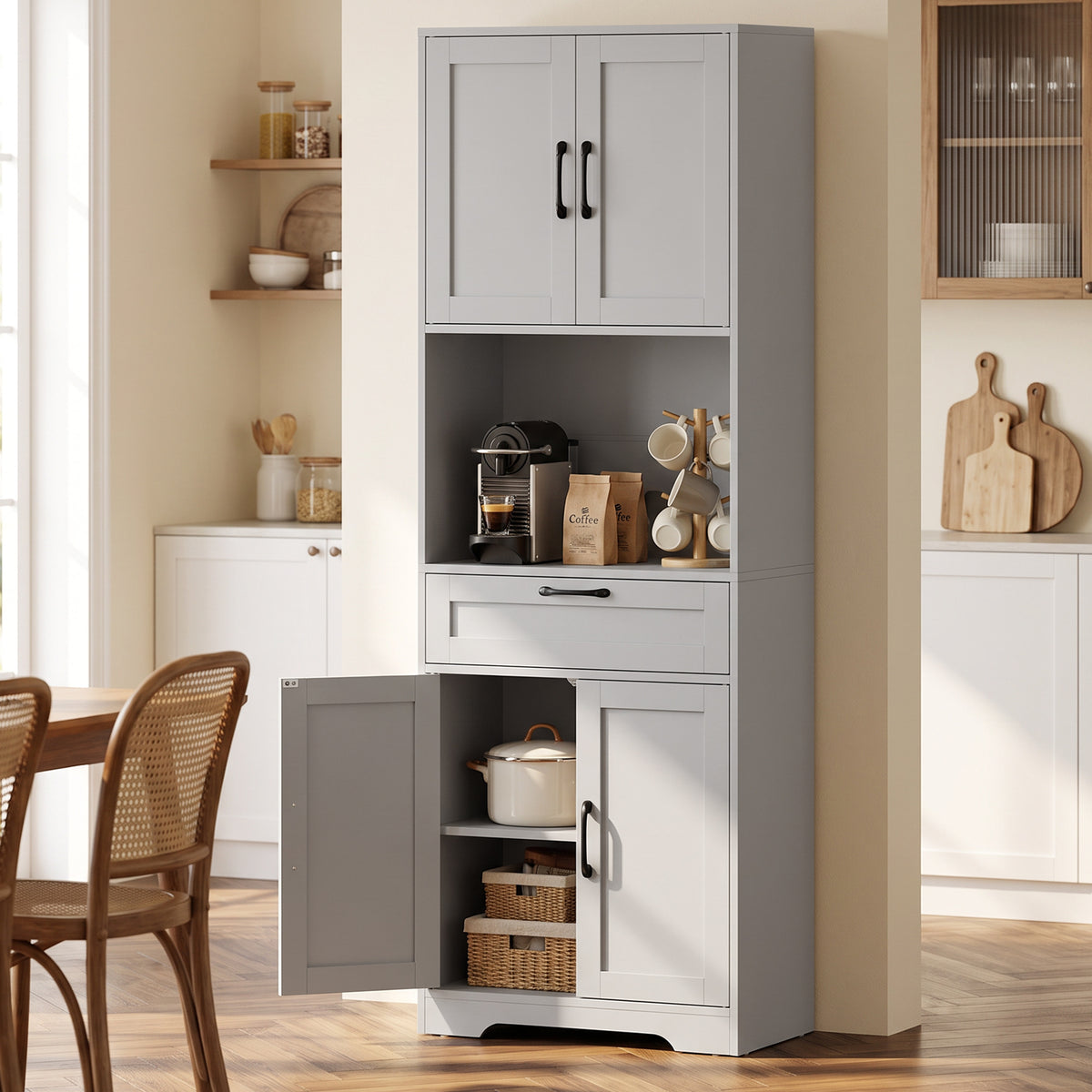Tall Kitchen Pantry Cabinet with Drawer and Appliance Counter - Grey