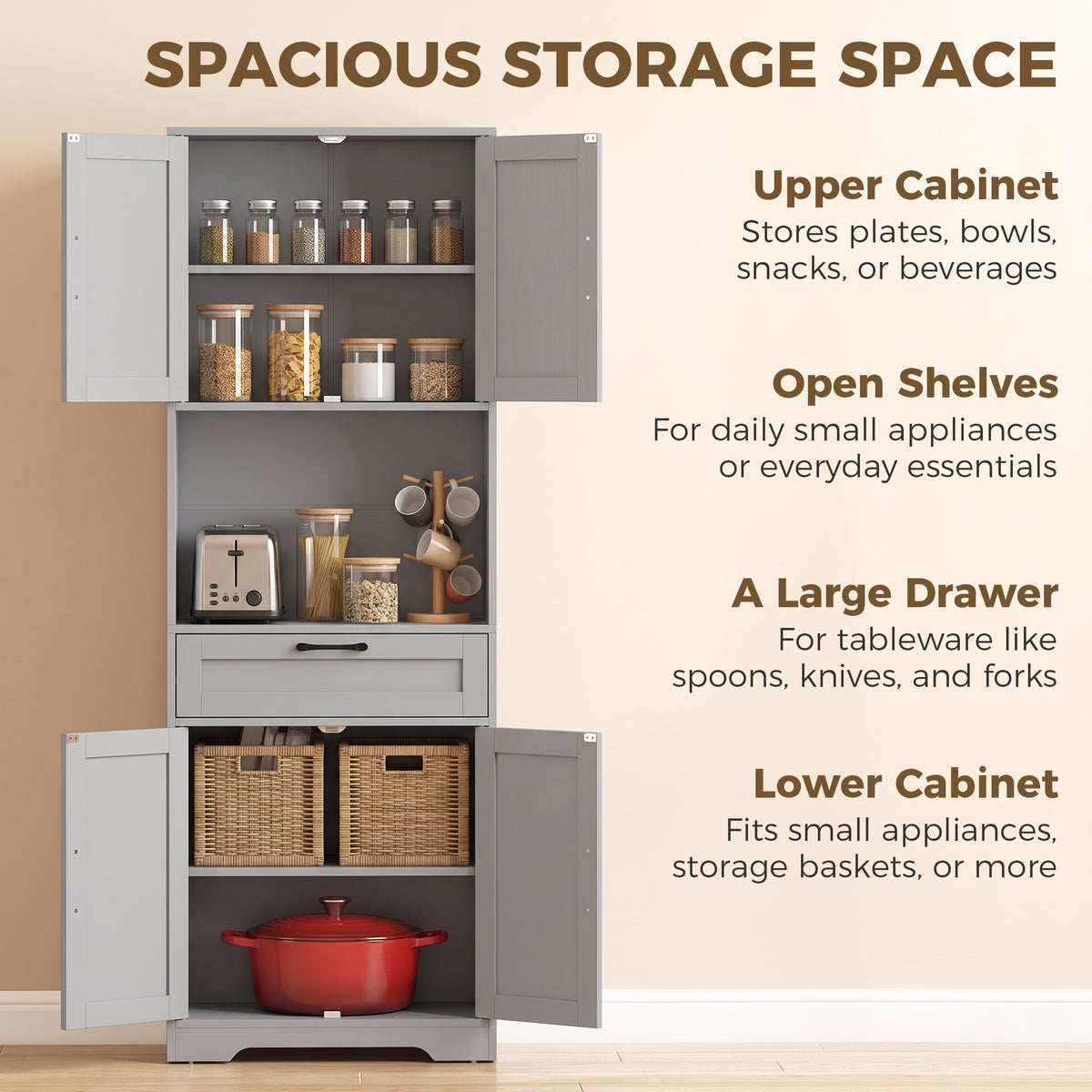 Tall Kitchen Pantry Cabinet with Drawer and Appliance Counter - Grey