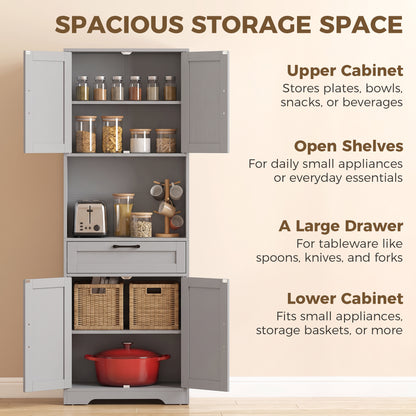 Tall Kitchen Pantry Cabinet with Drawer and Appliance Counter - Grey