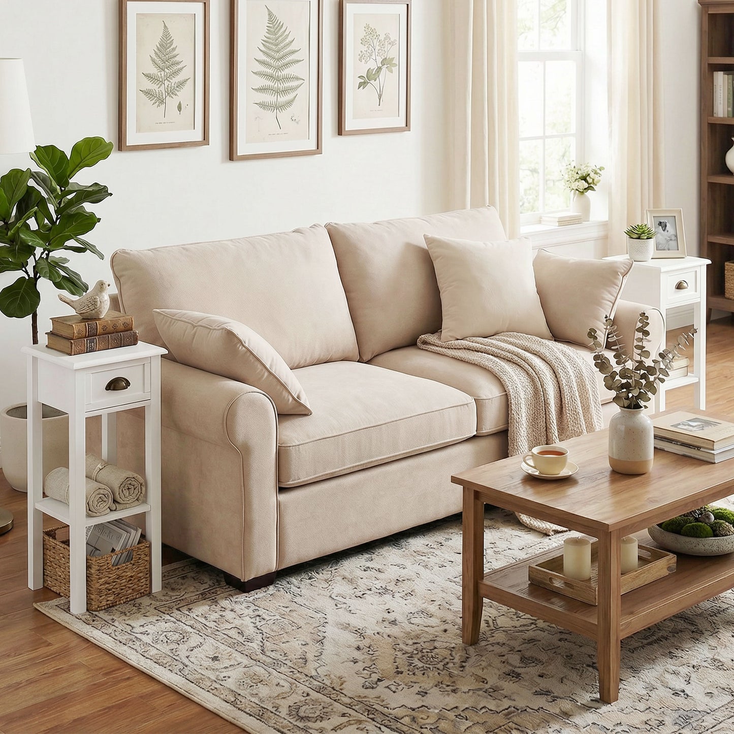 2-Tier Side Tables Set of 2 with Drawer Shelf for Living Room, White