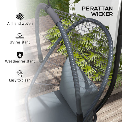 Outdoor PE Rattan Swing Chair with Cushion, Foldable Basket Patio Hanging Chair w/ Metal Stand, Rotation Spring Hook, Basket Height