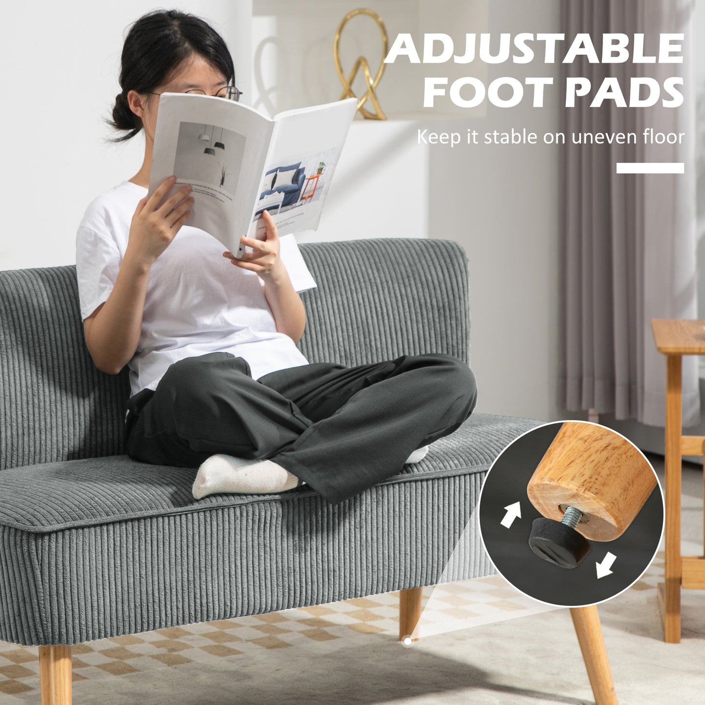 Corduroy Double Sofa w/ Wood Frame Foam Padding High Back, Grey