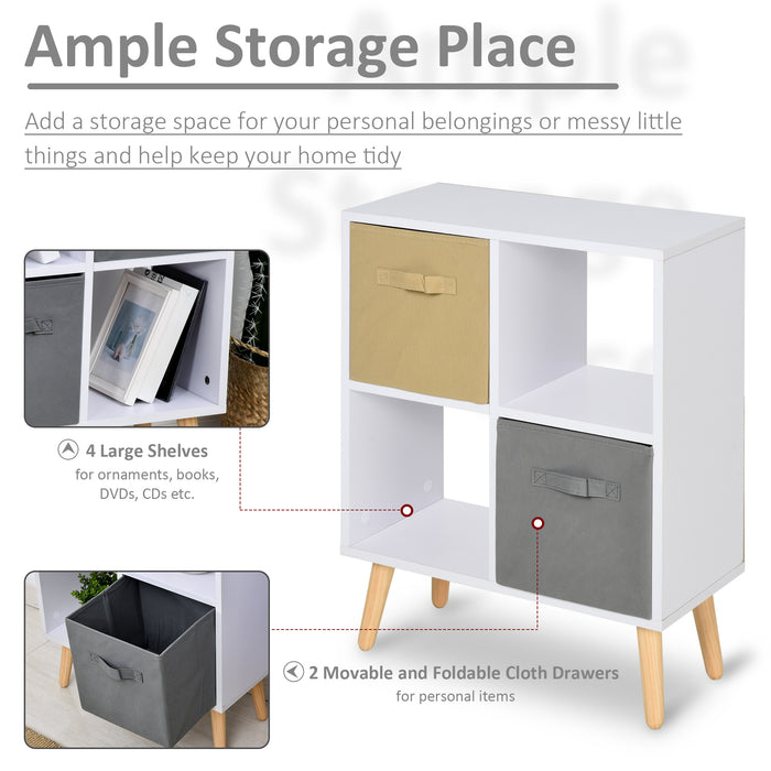 Freestanding 4 Cube Storage Cabinet Unit w/ 2 Fabric Drawers Handles Home Office Organisation Shelves Furniture 54.5L x 24W x 69.5H cm