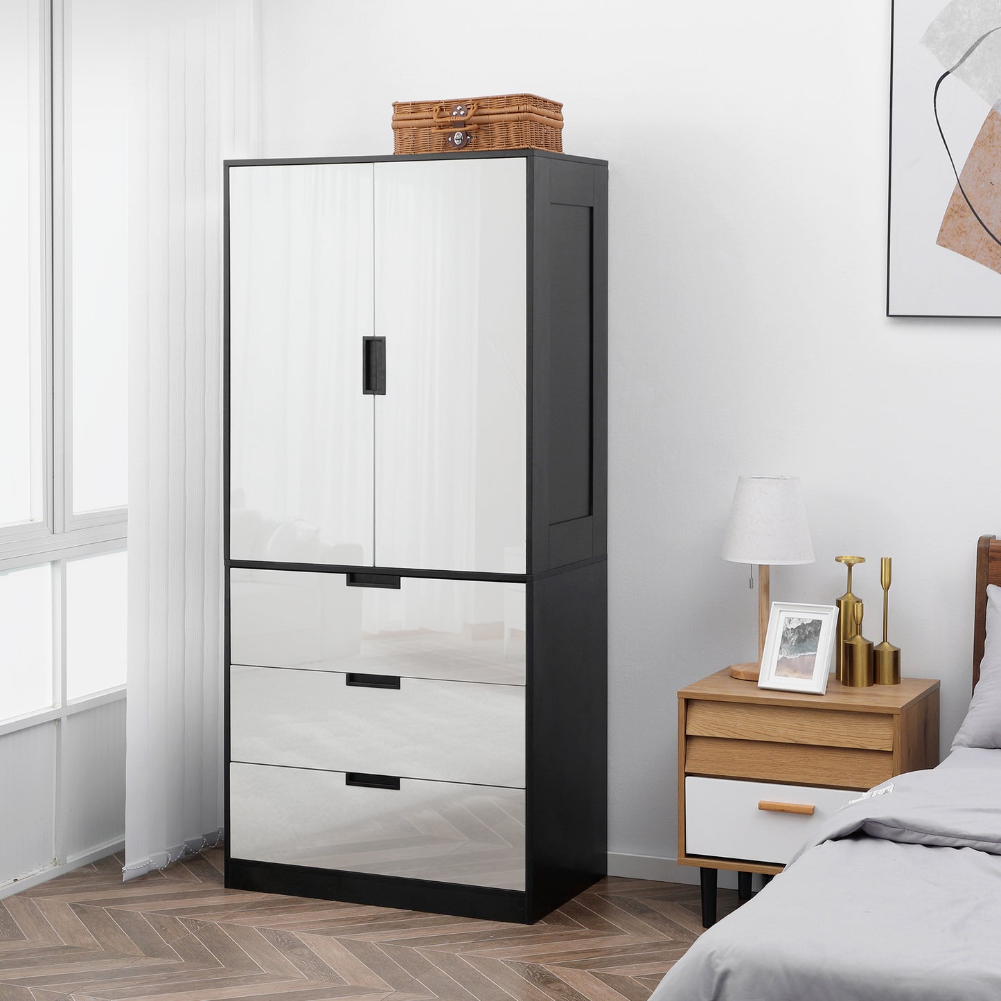 2 Door Wardrobe White Wardrobe with 3 Drawer and Hanging Rod for Bedroom