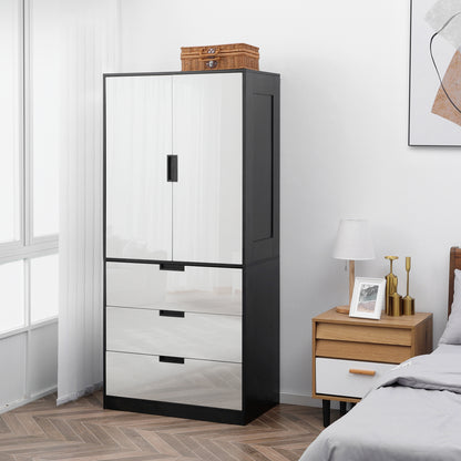 2 Door Wardrobe White Wardrobe with 3 Drawer and Hanging Rod for Bedroom