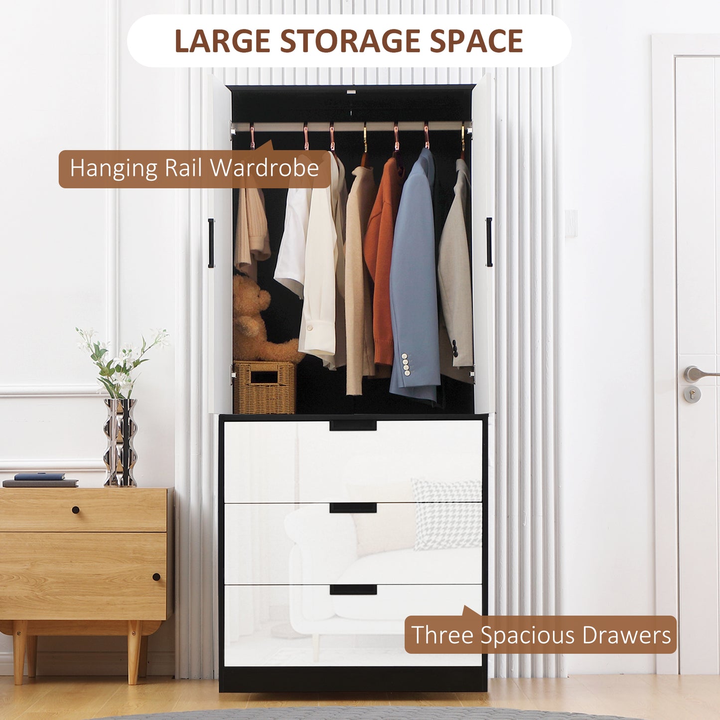 2 Door Wardrobe White Wardrobe with 3 Drawer and Hanging Rod for Bedroom