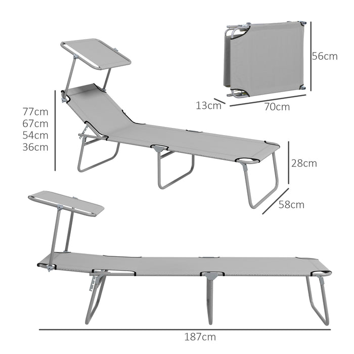 Outdoor Foldable Sun Lounger Set of 2, 4 Level Adjustable Backrest Reclining Sun Lounger Chair with Angle Adjust Sun Shade Awning for Beach, Garden, Patio, Light Grey