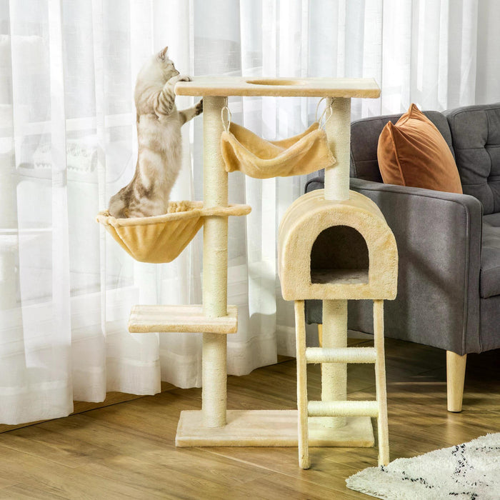 Cat Tree Tower Kitten Activity Centre Scratching Post w/ Hammock Condo Bed Basket Ladder 98 cm, Beige