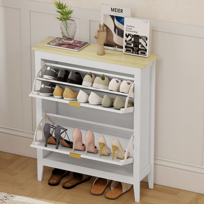 Shoe Storage Cabinet with 2 Flip Drawers, Boho Slim Shoe Cabinet with Rattan Doors for Entryway, Hallway, Holds 14 Pairs, White