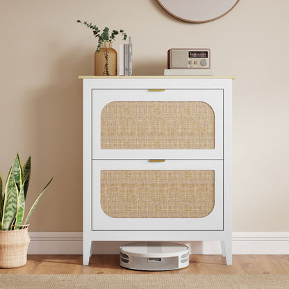 Shoe Storage Cabinet with 2 Flip Drawers, Boho Slim Shoe Cabinet with Rattan Doors for Entryway, Hallway, Holds 14 Pairs, White