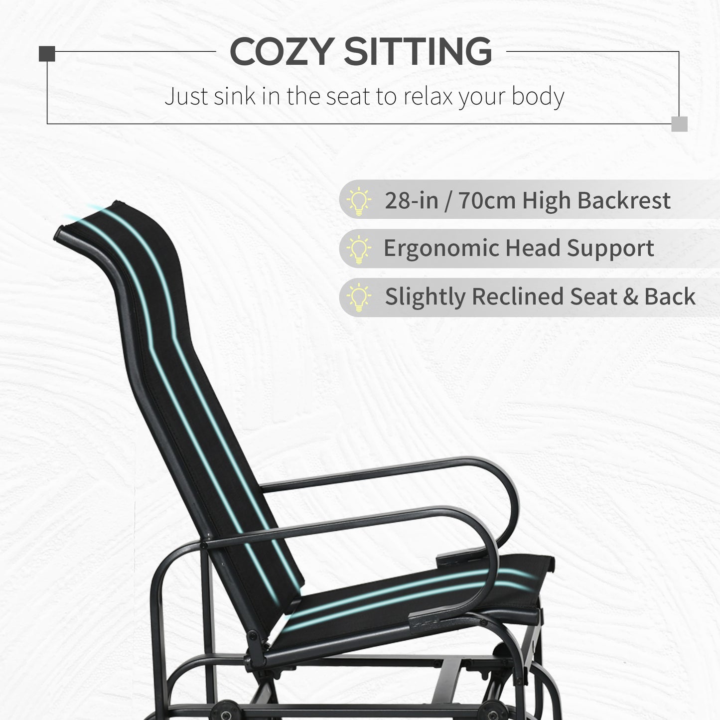 Outdoor Gliding Rocking Chair with Sturdy Metal Frame Garden Comfortable Swing Chair for Patio, Backyard and Poolside, Black