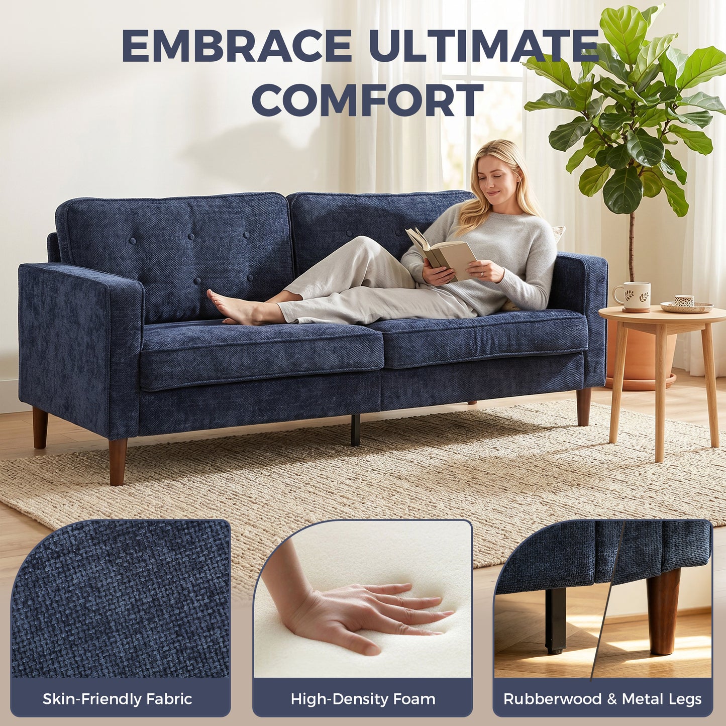 3 Seater Sofa, Velvet-Feel Fabric Upholstered Small Couch for Bedroom, Modern Sofa Settee with Padded Cushion, Button Tufting and Wood Legs for Living Room, Dark Blue